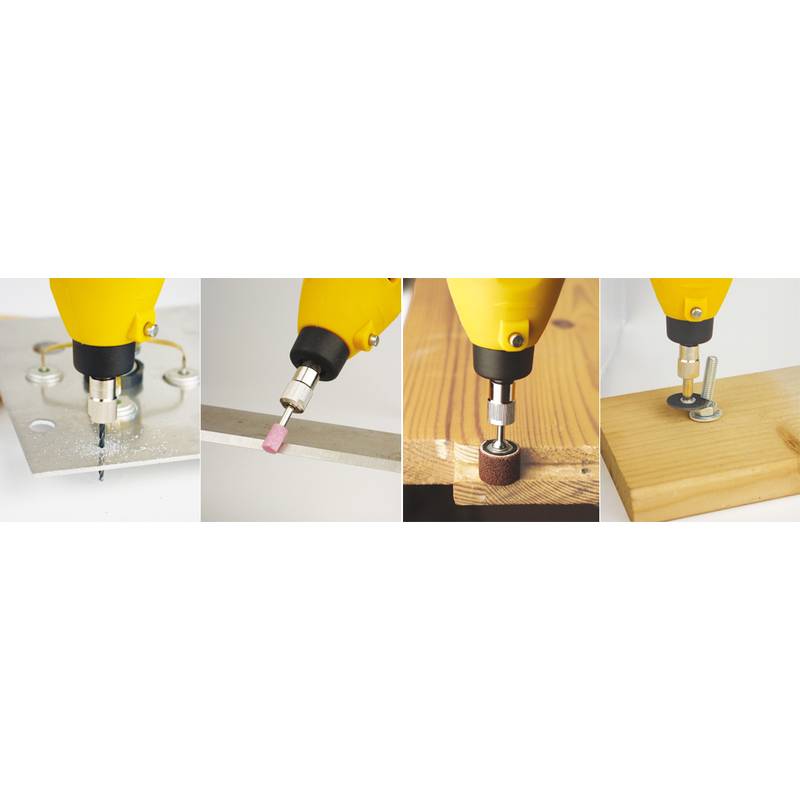 Ein gelbes Rotationswerkzeug wird für vier Aufgaben verwendet: Bohren einer Metallplatte, Polieren von Metall, Schleifen von Holz und Schrauben in Holz.