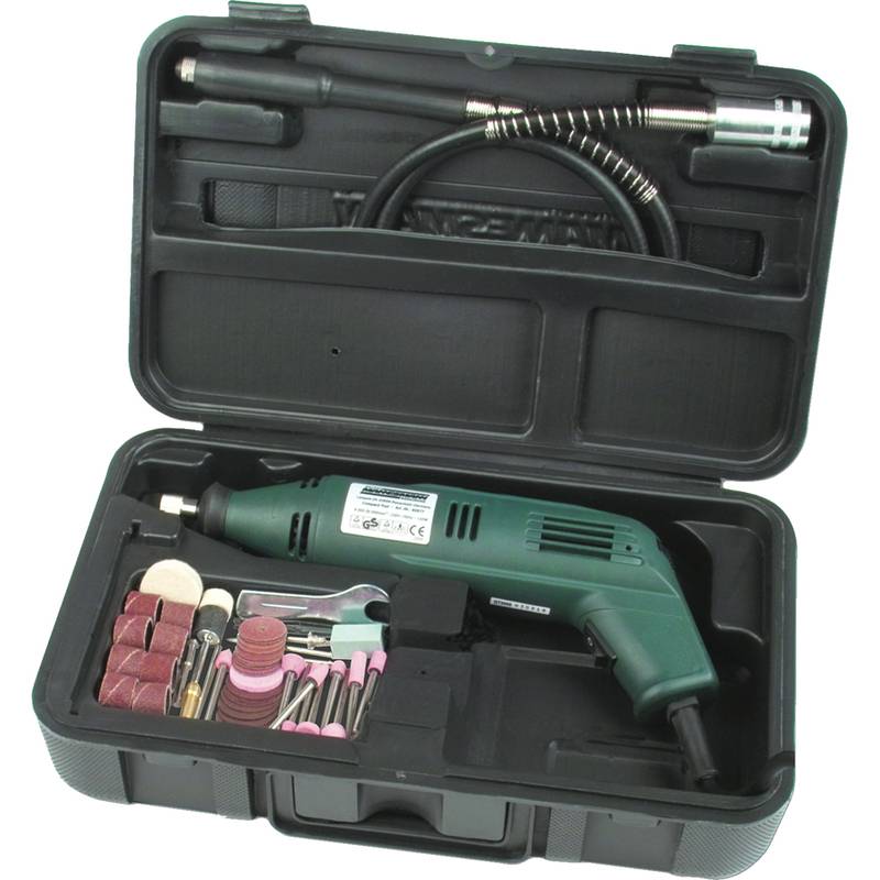 Ein grünes elektrisches Rotationswerkzeug-Set in einem schwarzen Koffer, ausgestattet mit verschiedenen Anbauteilen wie Schleifscheiben, Polierpads und einer flexiblen Welle.