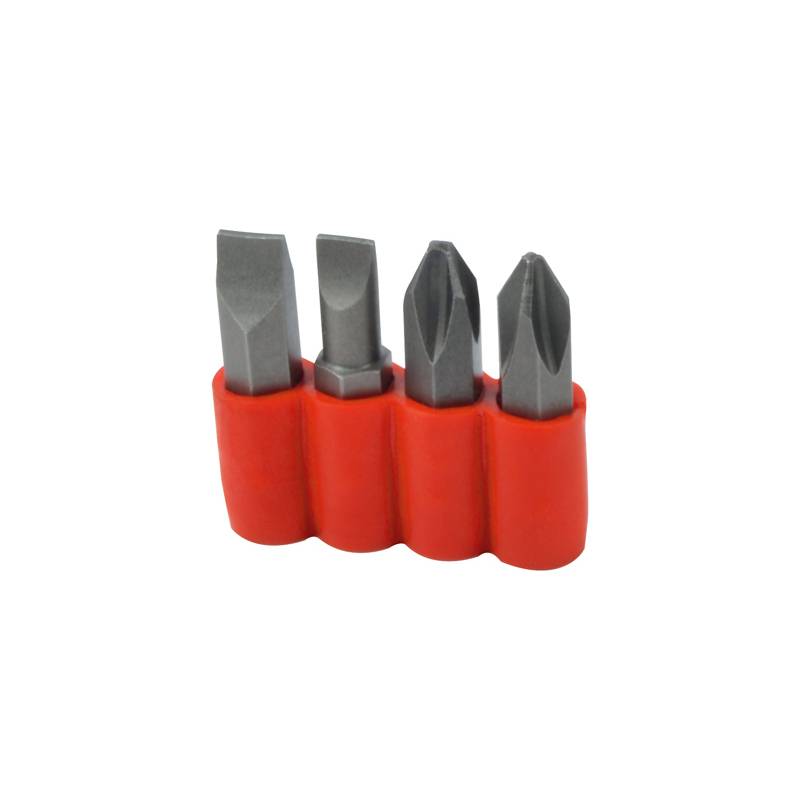 Vier Metallschraubenziehereinsätze in einem roten Halter, jeweils mit unterschiedlichen Kopftypen: Schlitz, Kreuzschlitz, und zwei Größen von Torx.