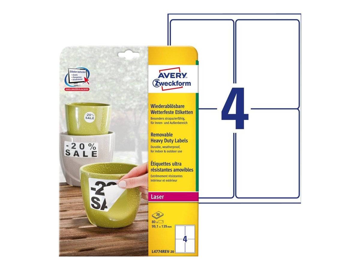Avery Zweckform Wiederablösbare Disketten-Etiketten L4774REV-20 - Entfernbarer Klebstoff - weiß - 99.1 x 139 mm 80 Etike