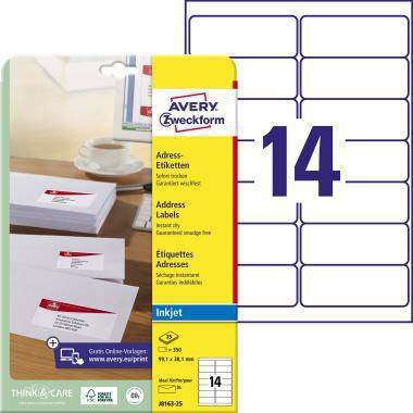 Avery Zweckform Adressetiketten für Tintenstrahldrucker, mit 14 Etiketten pro Blatt und Größenangaben für die Etiketten.