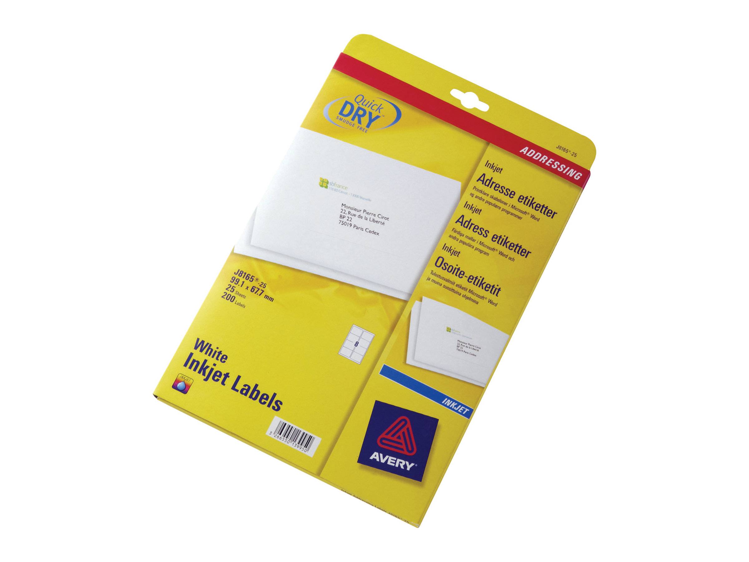 Avery Quick Dry weiße Inkjet-Etiketten Verpackung mit Versand- und Adressetiketten-Produktinformationen in gelber Verpackung.