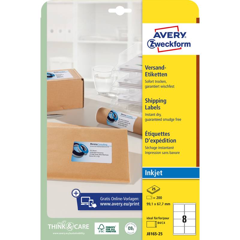 Avery Zweckform Versandetiketten Verpackung, mit gedruckten Etiketten auf Kartonschachteln mit Produktdetails: Inkjet, 99,1 x 67,7 mm, 8 Etiketten pro Blatt.
