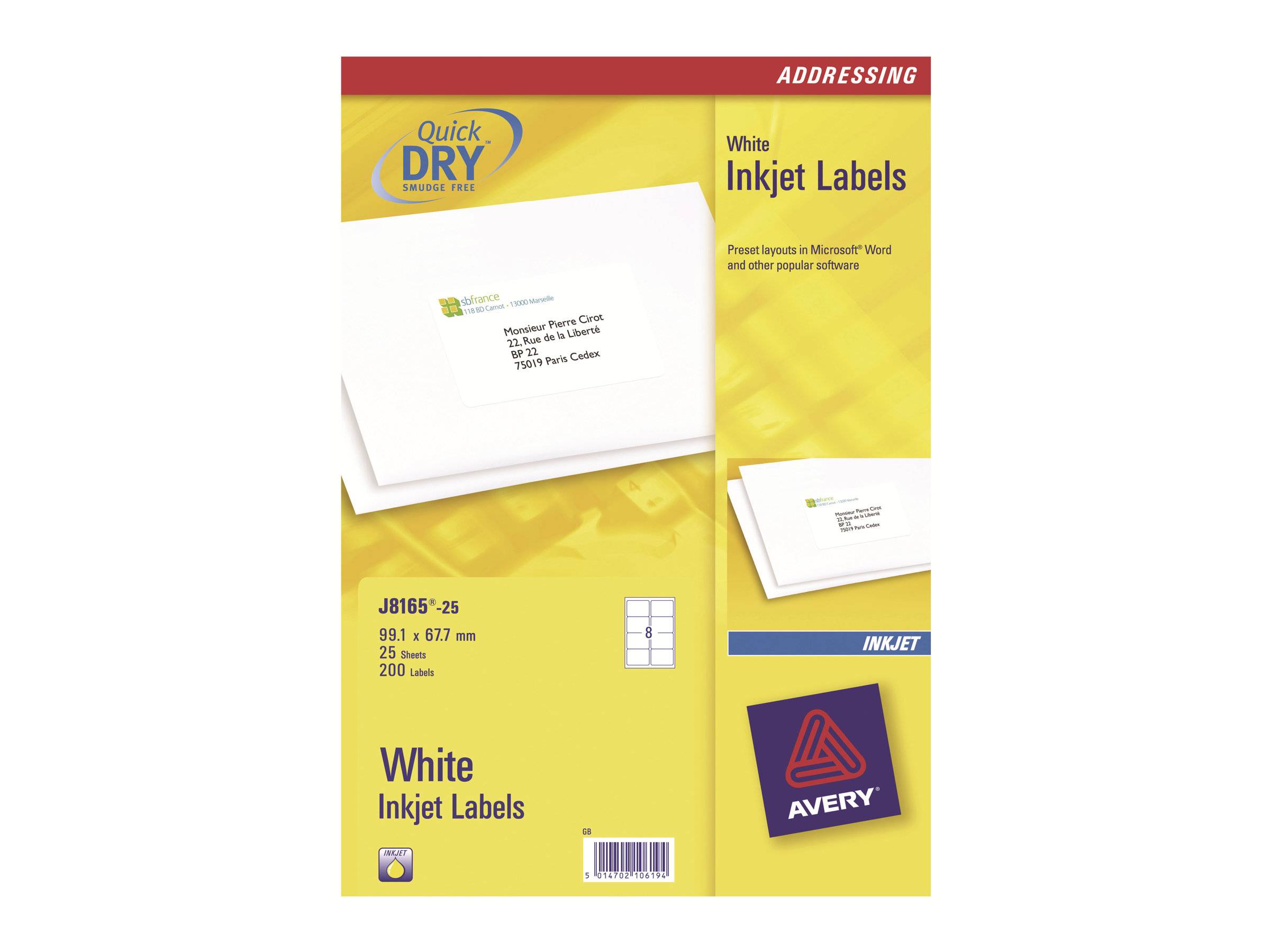 Avery Quick Dry Weiße Tintenstrahletiketten Packung, mit Etikettenblättern und Branding zum Adressieren und Drucken auf Tintenstrahldruckern.