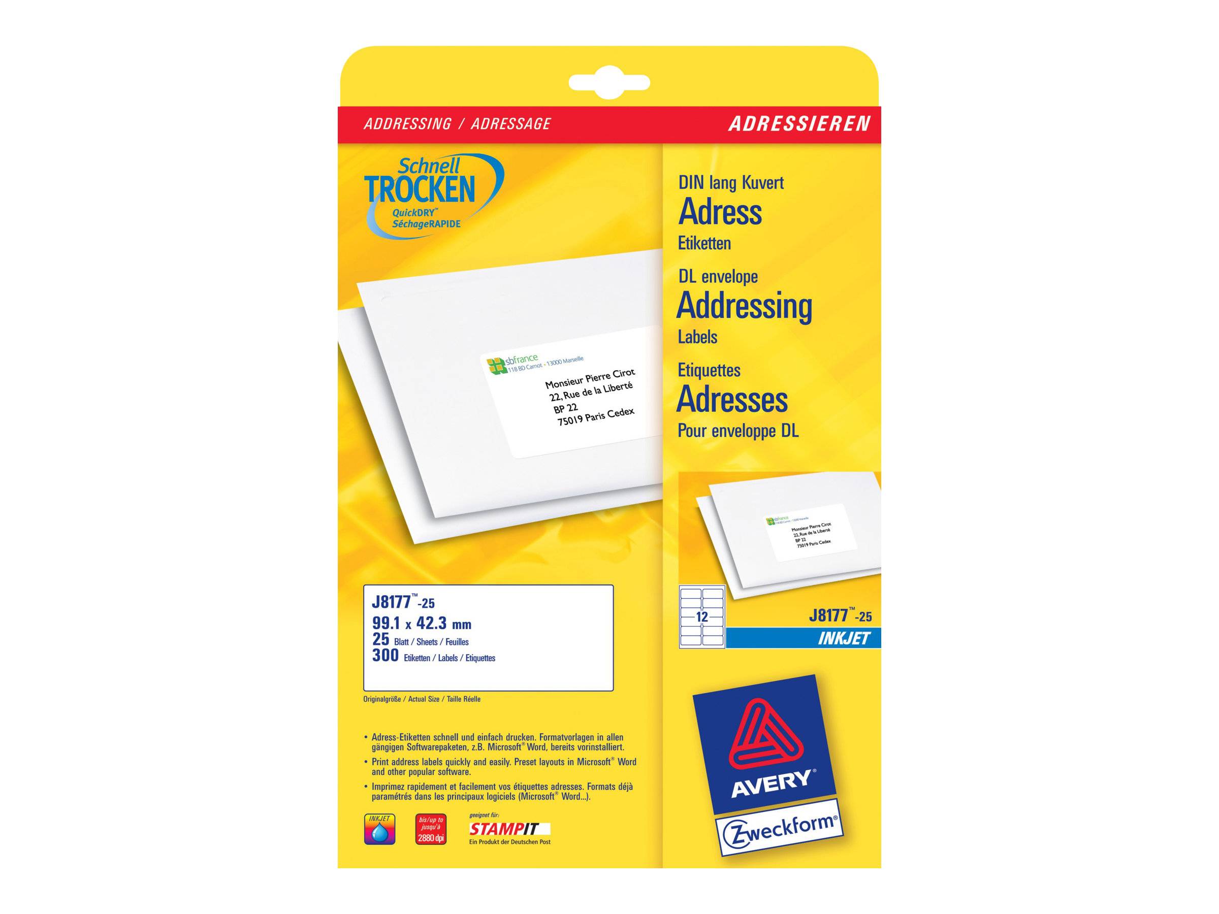 Avery Zweckform J8177 - Weiß - 42.3 x 99.1 mm 300 Etikett(en) (25 Bogen x 12)