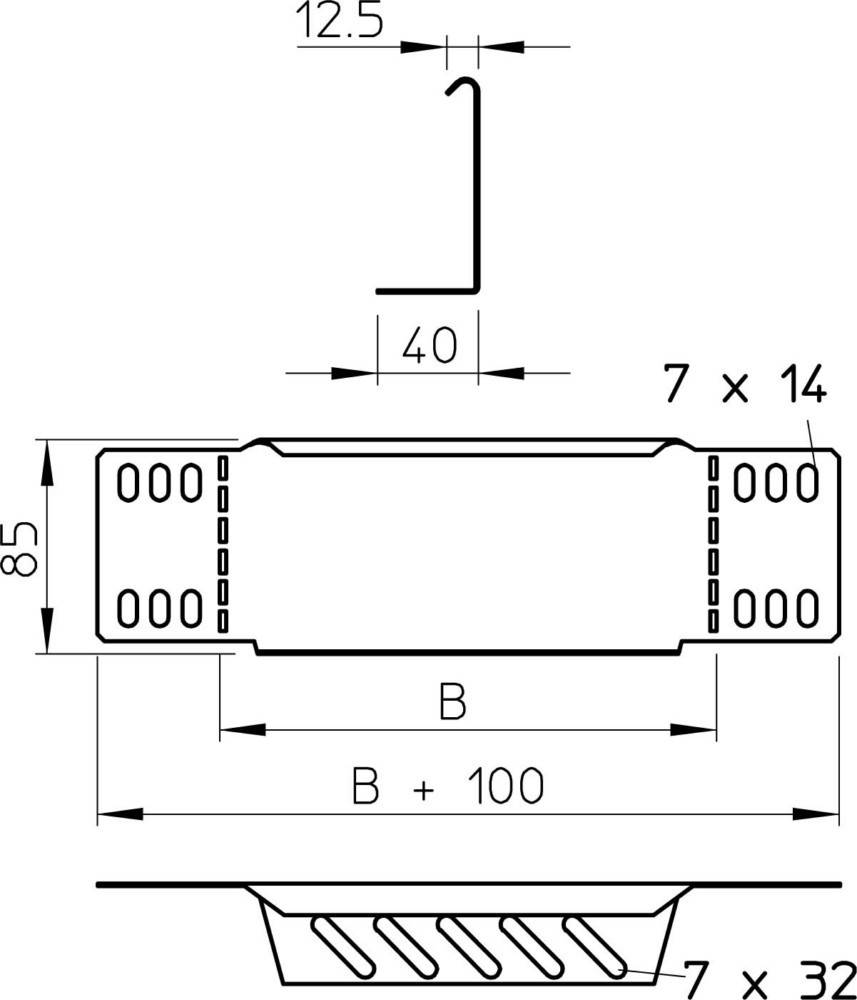 Technische Zeichnung einer Montageklammer, mit Maßangaben: 85 mm Höhe, 40 mm, Löcher 7 mm x 14 mm, B-Dimension beschriftet.