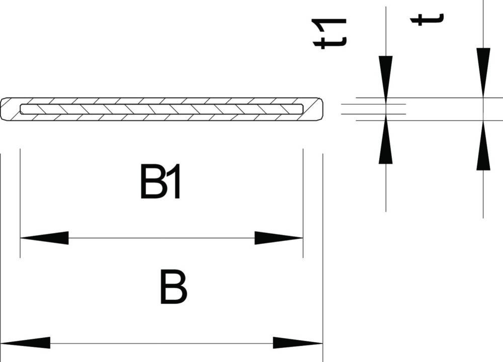 Technische Zeichnung mit einem Querschnitt einer Struktur mit Zickzackmuster und beschrifteten Maßen: 't', 'B1' und 'B'.