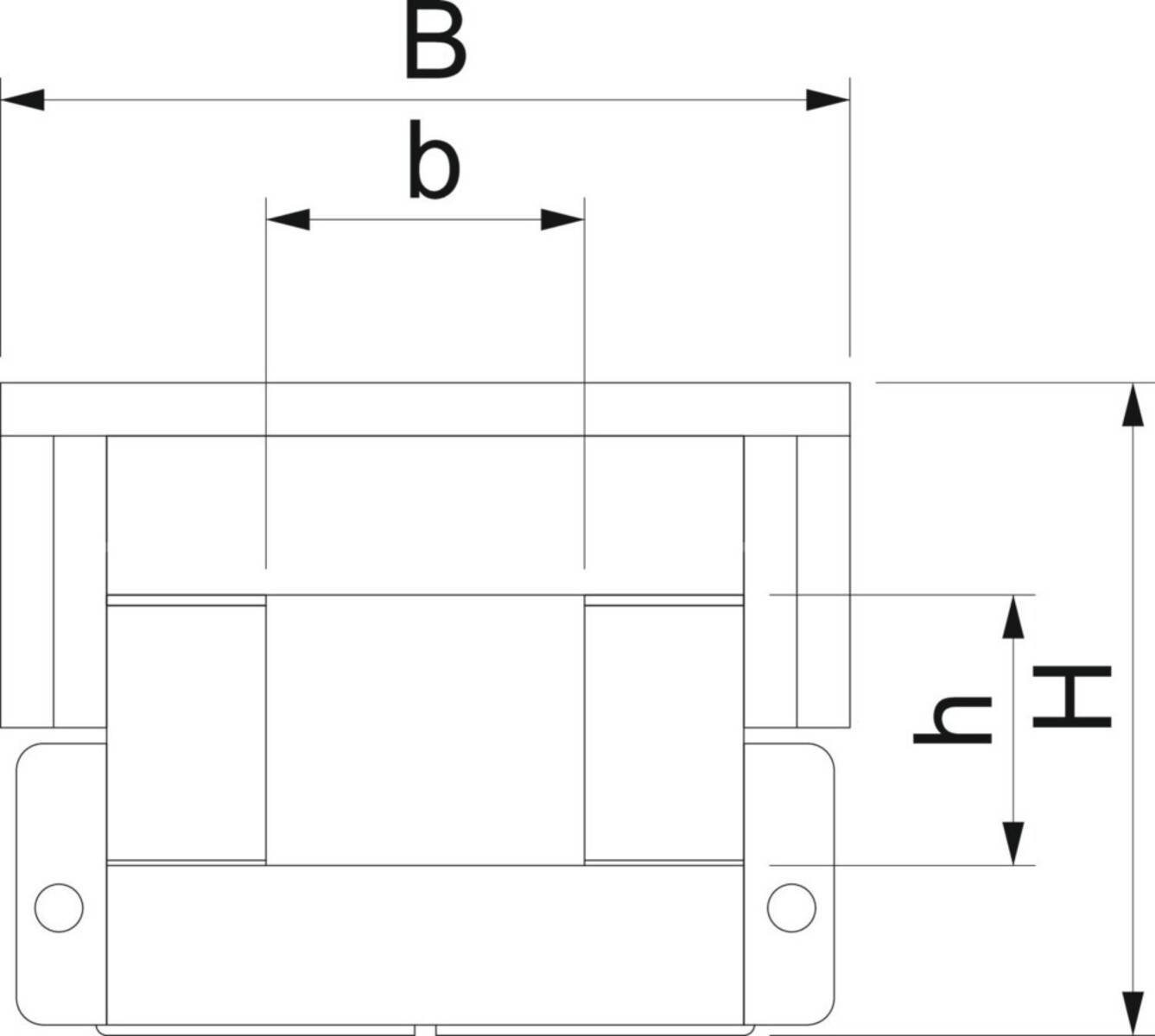 Technische Zeichnung einer Komponente mit Maßangaben. Breite beschriftet mit 'B' und 'b', Höhe beschriftet mit 'H' und 'h', mit Pfeilen zur Maßbestimmung.