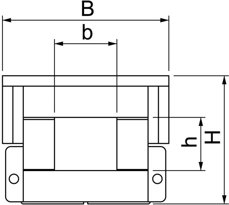 Eine technische Zeichnung einer mechanischen Komponente, die Abmessungen mit den Bezeichnungen 'B', 'b', 'h' und 'H' zeigt, mit Pfeilen, die Messungen andeuten.