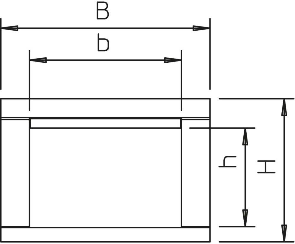 Technische Zeichnung eines rechteckigen Objekts mit Dimensionen 'B', 'b', 'T' und 't'. Pfeile zeigen Messungen von oben und von der Seite an.