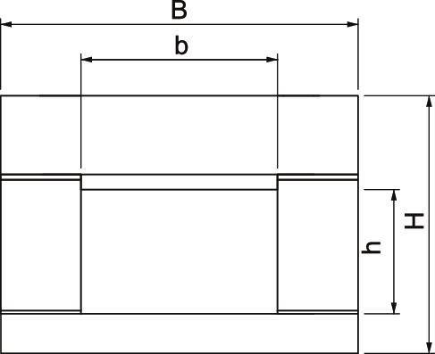Diagramm einer mechanischen Komponente mit beschrifteten Abmessungen: 'B' und 'b' horizontal dargestellt, 'h' seitlich vertikal angezeigt.