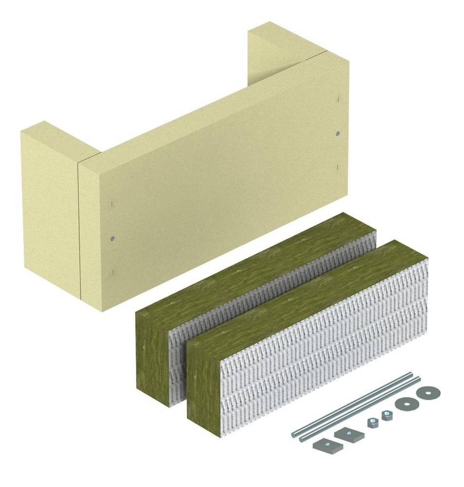 Explosionszeichnung einer Wand-Isolierungsanordnung, die Schichten zeigt: beige Außenplatten, grüner Isolationskern und Metallfixierungen darunter.