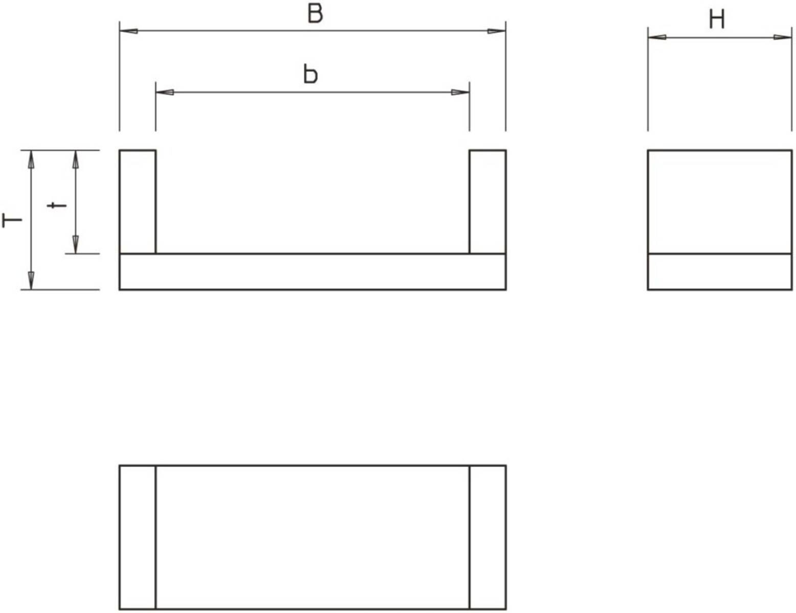 Technische Zeichnung einer rechteckigen Box aus verschiedenen Blickwinkeln, mit beschrifteten Abmessungen 'B' und 'b', die die Breite angeben.