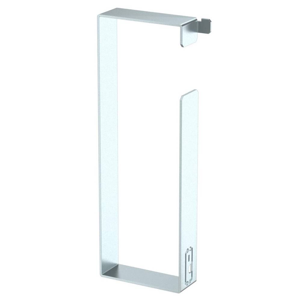 Eine Metallhalterung mit einem Haken und einem Stützarm, die typischerweise zum Befestigen von Gegenständen wie Spendern oder Behältern an einer Wand verwendet wird.