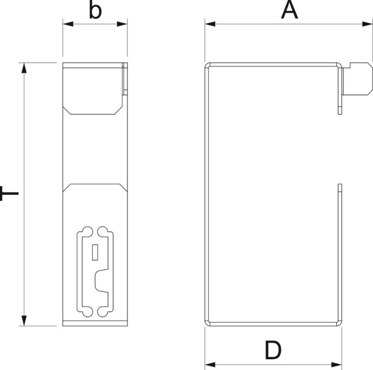 Technische Zeichnung eines rechteckigen Geräts mit an verschiedenen Seiten beschrifteten Abmessungen T, b, A, D, wobei Konstruktion und Maße dargestellt werden.