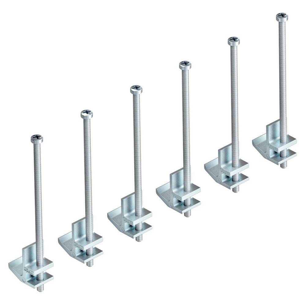 Sechs silberne Metallbolzen mit quadratischen Unterlegscheiben, in einer Reihe angeordnet, aus einem Winkel betrachtet.