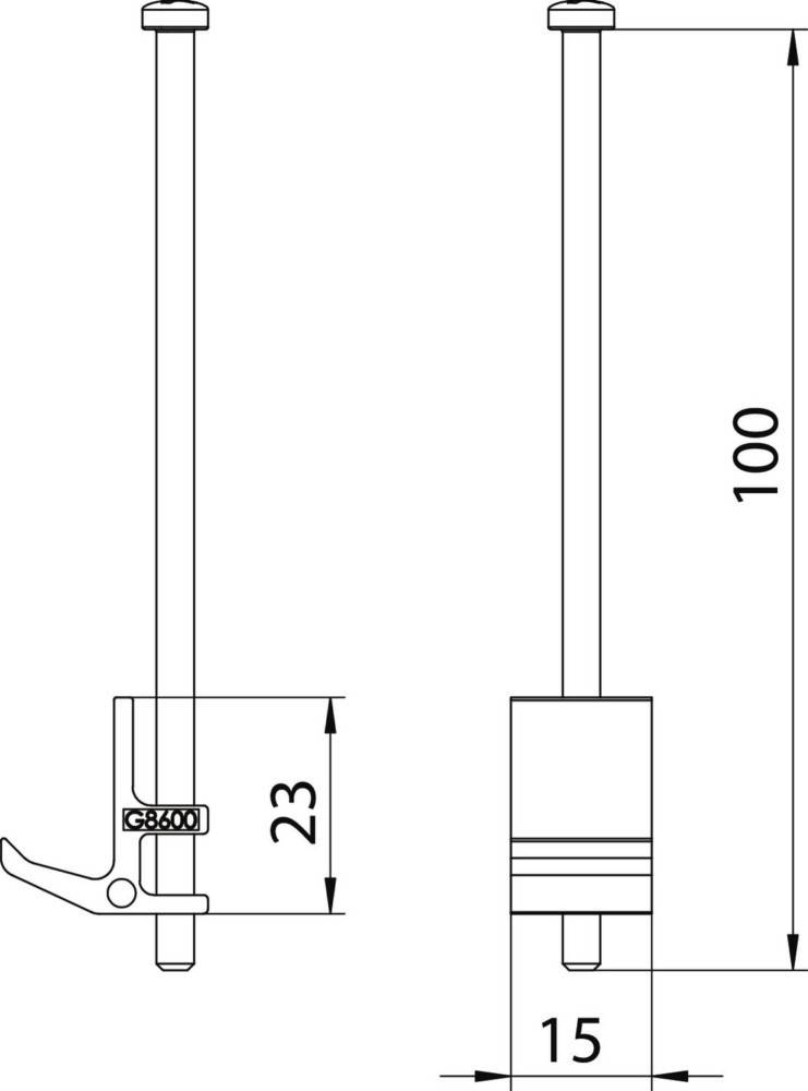 Eine technische Zeichnung zeigt einen vertikalen Balken mit einem Hebel, der links mit 'G.8600' beschriftet ist. Maßangaben zeigen Längen von 23 und 100.