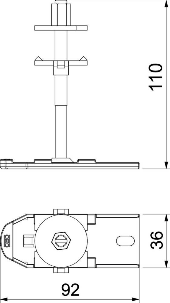 Technische Zeichnung einer Seitenansicht eines Standgestells mit flacher Basis und verstellbarer Höhe, mit Maßangaben und mechanischen Details.