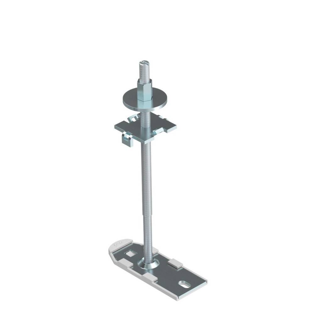 Metallhalterung mit verstellbarer Gewindestange, Mutter und Unterlegscheibe zur Befestigung von Strukturen, auf neutralem Hintergrund dargestellt.