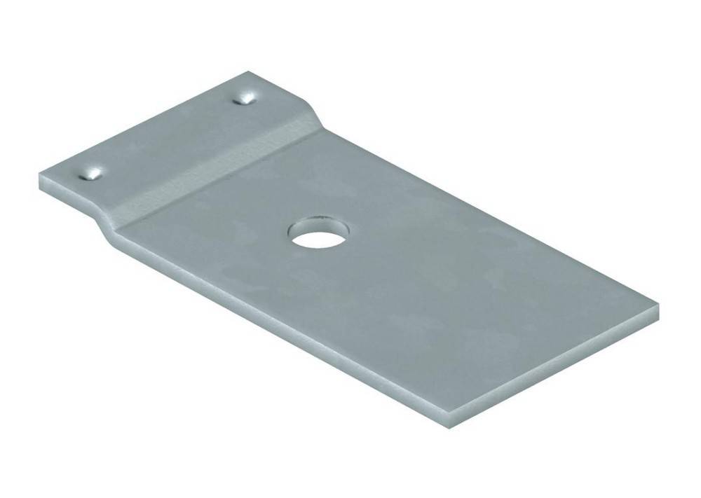 Eine flache, rechteckige Metallhalterung mit einem einzelnen Loch nahe einem Ende, die für Montage- oder Stützungszwecke konzipiert ist.
