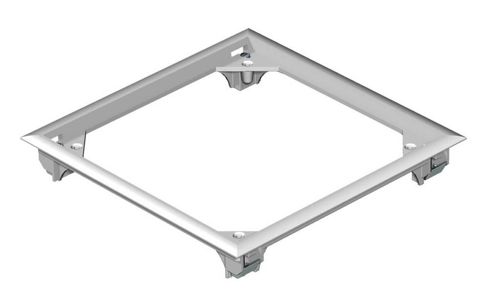 Ein quadratischer Metallrahmen mit abgeschrägten Kanten und Eckbeschlägen, der für strukturelle Unterstützung oder Installationszwecke konzipiert ist.