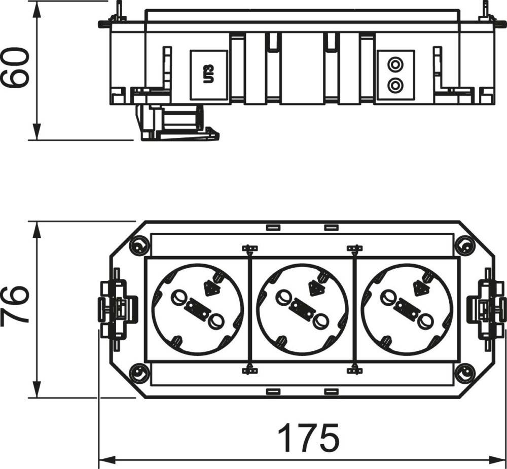 Eine technische Zeichnung mit Vorder- und Seitenansicht einer Steckdosenleiste mit drei Steckplätzen. Abmessungen: 175 mm x 75 mm x 88 mm.