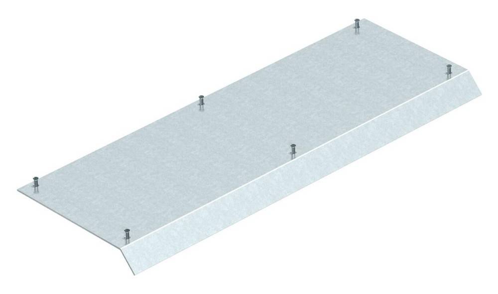 Eine flache, rechteckige Metallplatte mit vier Schrauben an den Ecken, aus einem Winkel betrachtet, ähnlich einer Montageplatte oder einem Abdeckblech.