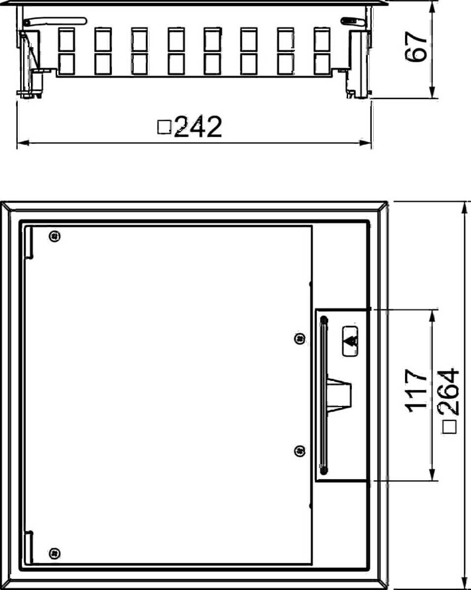 Technische Zeichnung mit Maßangaben eines rechteckigen elektronischen Geräts mit einer Breite von 242 mm, einer Höhe von 264 mm und einer Tiefe von 117 mm.