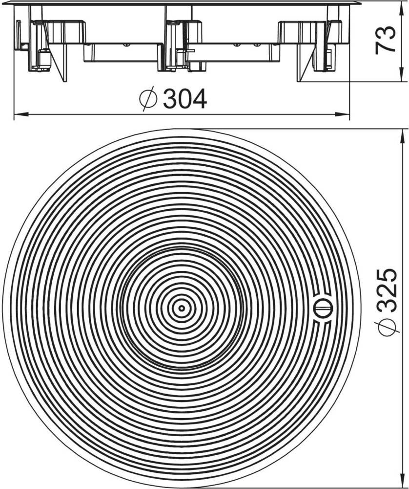 Technische Zeichnung einer kreisförmigen Komponente mit einem Durchmesser von 304 mm, die konzentrische Kreise und detaillierte Maßangaben zeigt.