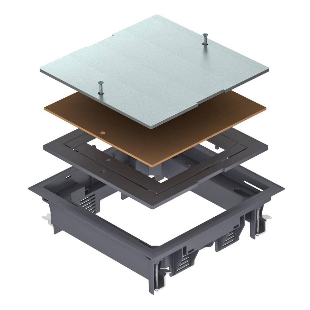 Eine Explosionszeichnung einer Bodendose mit Schichten, die eine Metallabdeckung, eine braune Schicht und eine schwarze Basis umfassen, die mit Schrauben verbunden sind.