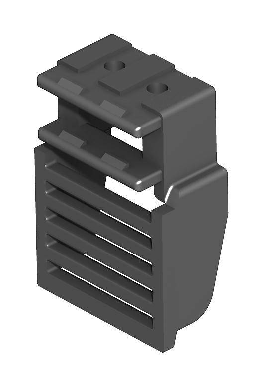 Ein schwarzes LEGO-Stück mit Rillen und zwei kleinen Löchern oben, das einer Gitterabdeckung oder Lüftungsöffnung ähnelt.