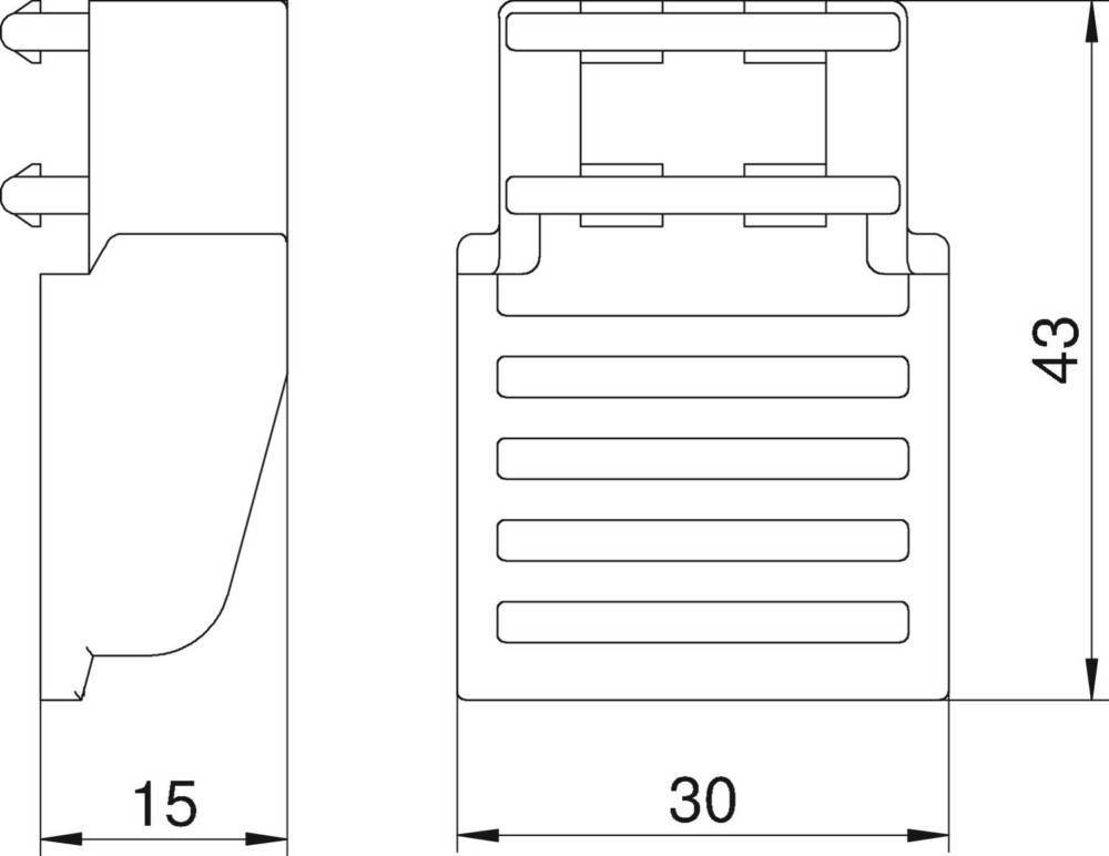 Technische Zeichnung eines Verbinders mit Vorder- und Seitenansicht; Maße: 15 Einheiten breit, 30 Einheiten hoch.