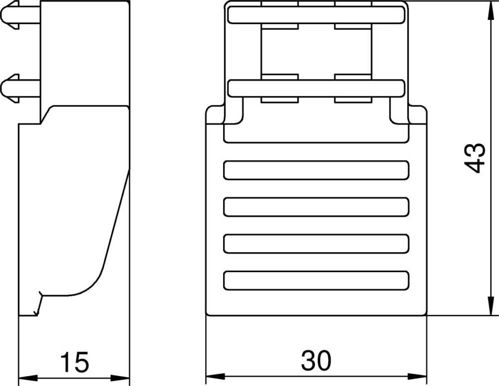 Technische Zeichnung eines elektrischen Anschlusses mit Vorder- und Seitenansicht, wobei die Abmessungen mit '15' und '30' beschriftet sind.