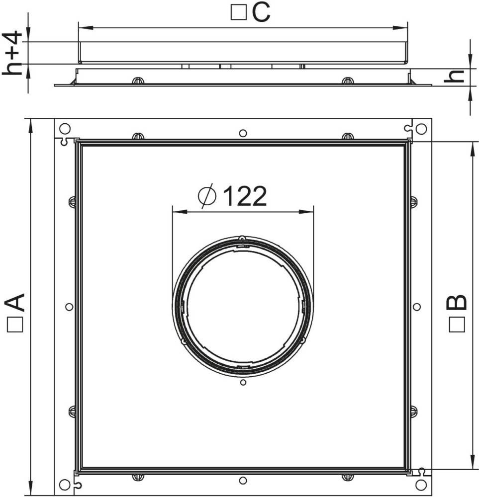 Eine technische Zeichnung eines quadratischen Belüftungssystems mit beschrifteten Abmessungen A, B, C und D und einem zentralen kreisförmigen Kanal, beschriftet mit ‚Ø122'.