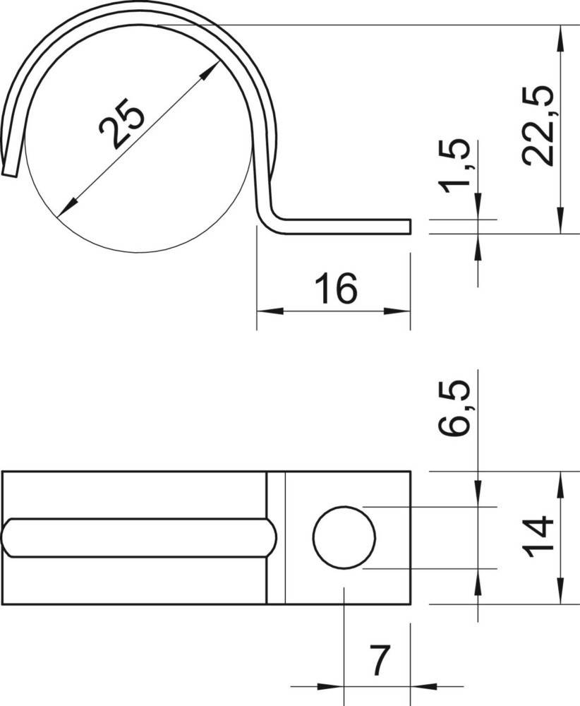 Mechanische Zeichnung mit Abmessungen einer Kreisclip: Durchmesser 25 mm, Länge 16 mm, Höhe 22,5 mm, zusätzliche Maße: 1,5 mm, 6,5 mm und 14 mm.