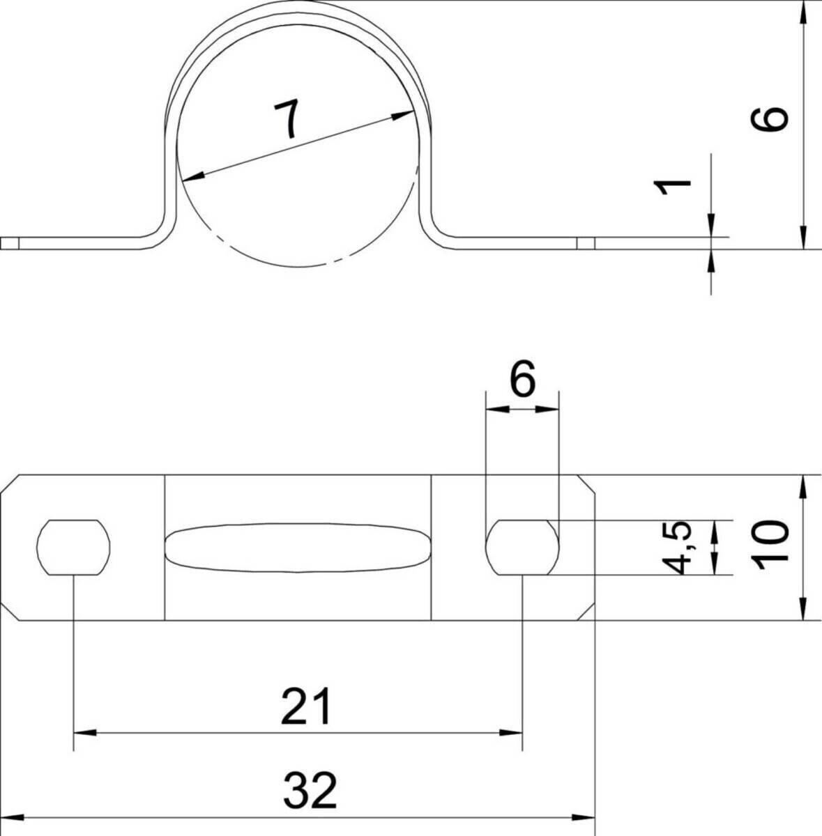 Technische Zeichnung einer Metallklammer mit Ansichten von oben und vorne, mit Maßangaben: 32 mm Länge, 21 mm Breite und 10 mm Höhe.