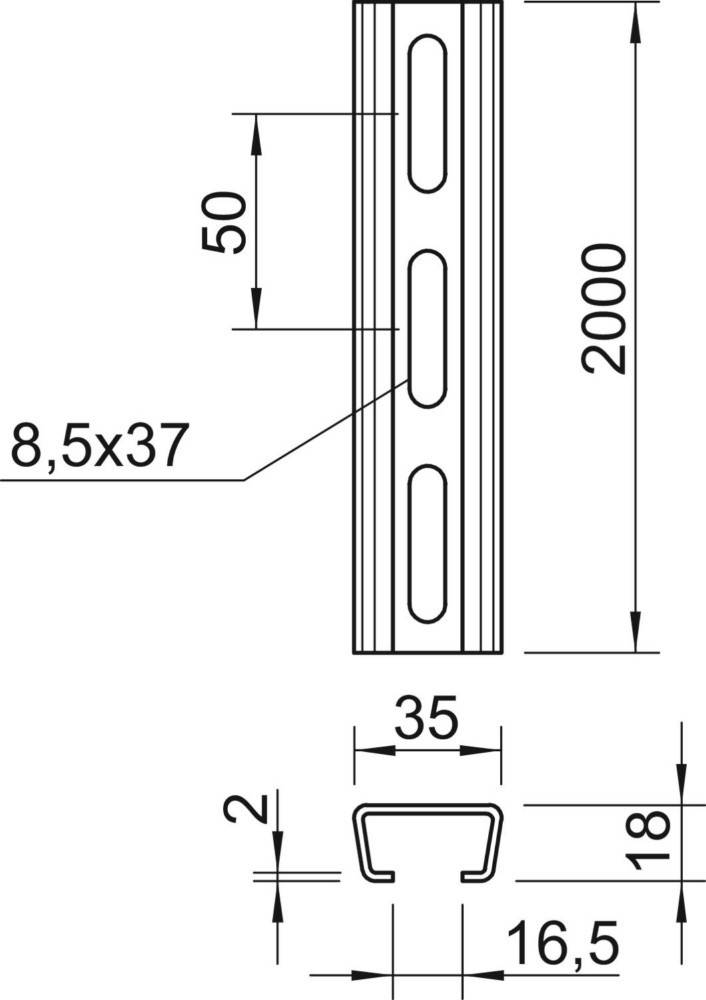 Technische Zeichnung eines vertikalen Metallprofils mit Maßangaben: 50 mm Breite, 2000 mm Höhe, Schlitzdimensionen 8,5 x 37 mm.