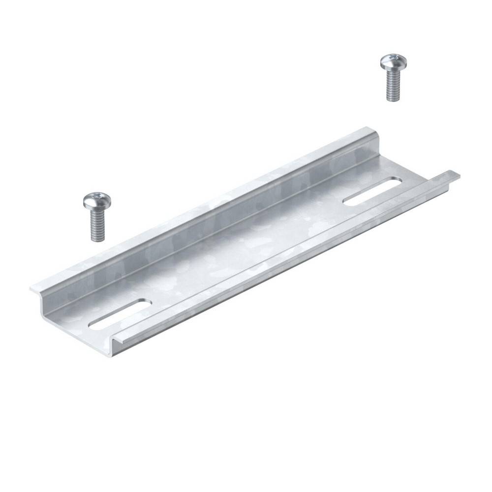 Metallhalterung mit zwei Schrauböffnungen und zwei Schrauben, verwendet zum Montieren oder Befestigen von Gegenständen. Die Halterung ist rechteckig mit geschlitzten Löchern.