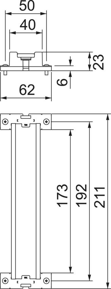 Eine technische Zeichnung, die die Draufsicht eines Geräts zeigt, mit Abmessungen: Breite 62 Einheiten und Höhe 73 Einheiten, zusätzliche Höhen von 92 und 11 Einheiten.