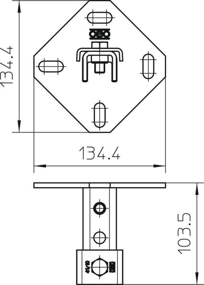Technische Zeichnung einer Metallhalterung mit beschrifteten Abmessungen. Vorderansicht zeigt eine Breite von 134,4 mm. Seitenansicht mit einer Höhe von 203,5 mm.