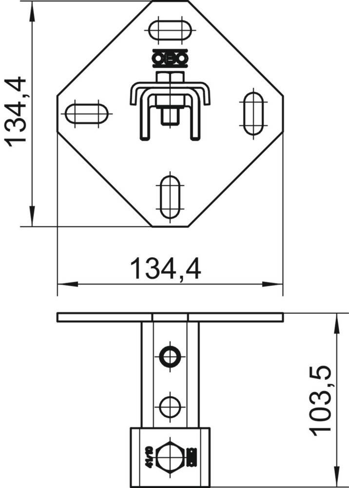 Technische Zeichnung eines Metallhalters mit Abmessungen: 134,4 mm Höhe und Breite, 103,5 mm Basishöhe.