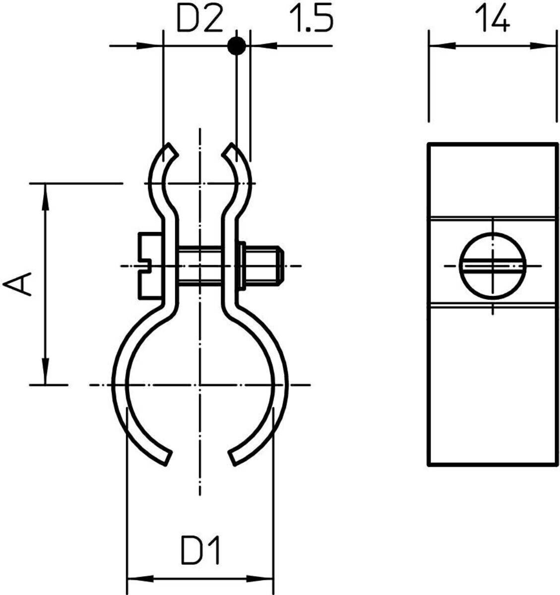 Technische Zeichnung einer Rohrklemme mit Maßangaben. Seitenansicht zeigt Klemmbreite '14', Vorder- und Seitenansicht mit Abmessungen 'D1', 'D2' und 'A' beschriftet.