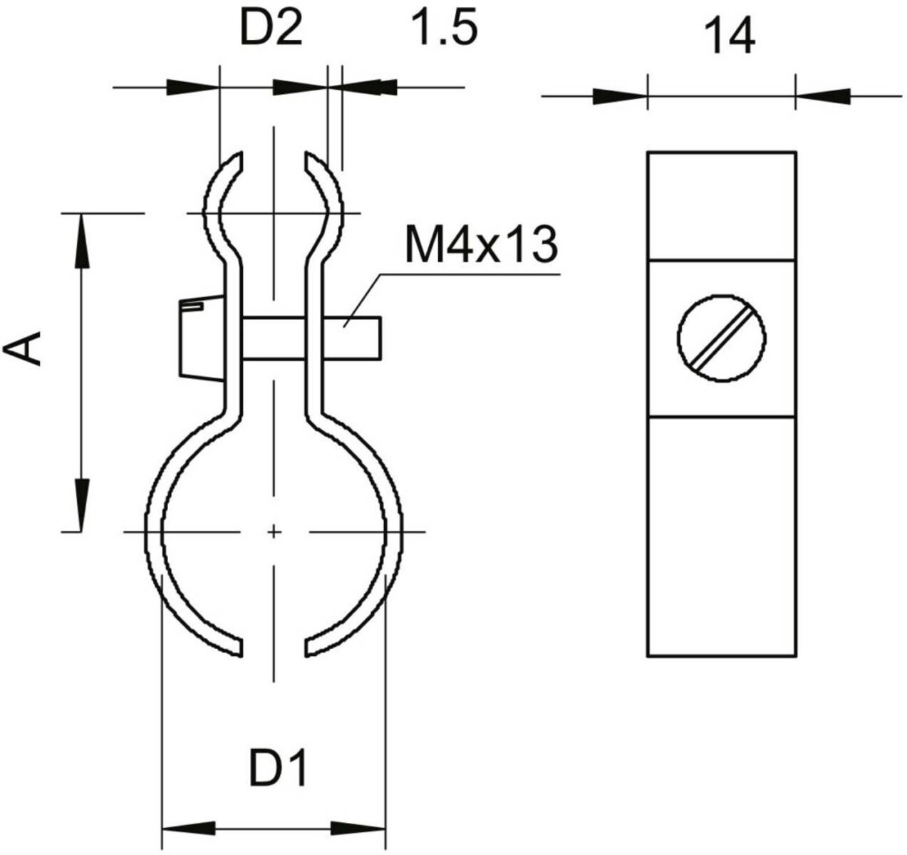 Technische Zeichnung einer Kabelbefestigung mit den Abmessungen D1, D2 und M4x13. Enthält eine Seitenansicht mit 1,5 und 14 mm Maßangaben.