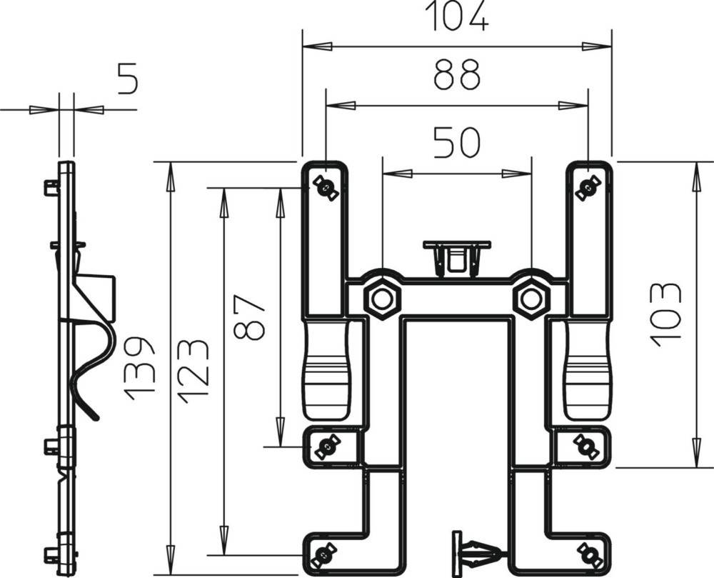 Technische Zeichnung mit Frontansicht einer mechanischen Komponente mit Abmessungen: 104 Breite, 139 Höhe, verschiedene Teile beschriftet.