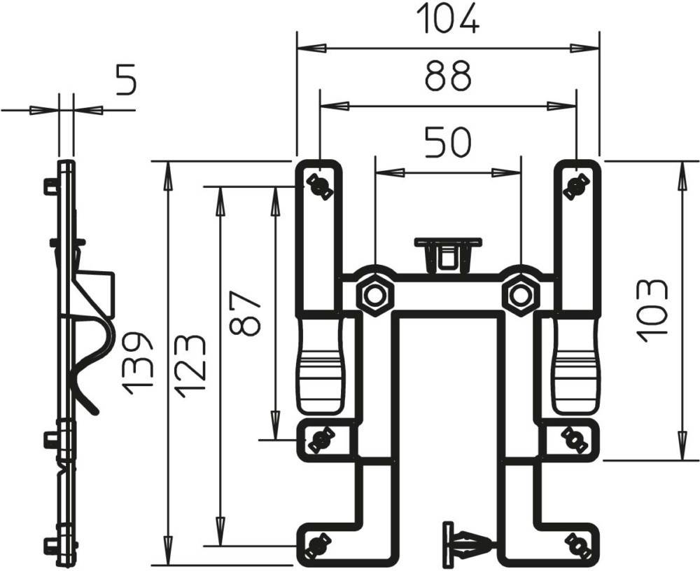 Technische Zeichnung zur Darstellung der Abmessungen einer mechanischen Komponente. Vertikale Höhe beträgt 139 mm, horizontale Breite 104 mm.