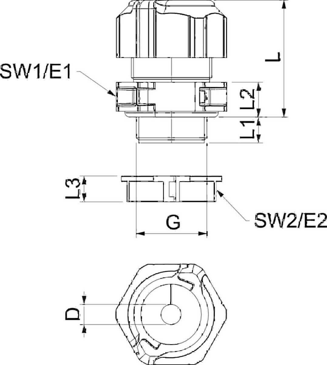 Technische Zeichnung einer mechanischen Komponente mit beschrifteten Abmessungen: SW1/E1, SW2/E2 in der Breite; G, L, L1, L2, L3 in verschiedenen Längen.
