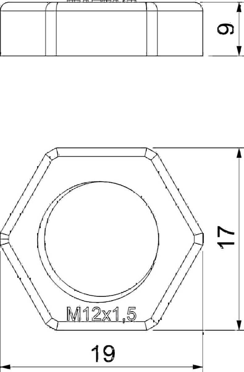 Technische Zeichnung einer Sechskantmutter mit einer vertikal angegebenen Messung von 17 mm