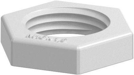 Eine weiße sechseckige Gewindemutter, die für eine sichere Befestigung in mechanischen Baugruppen konzipiert ist und ihre charakteristische Form und Innengewinde zeigt.