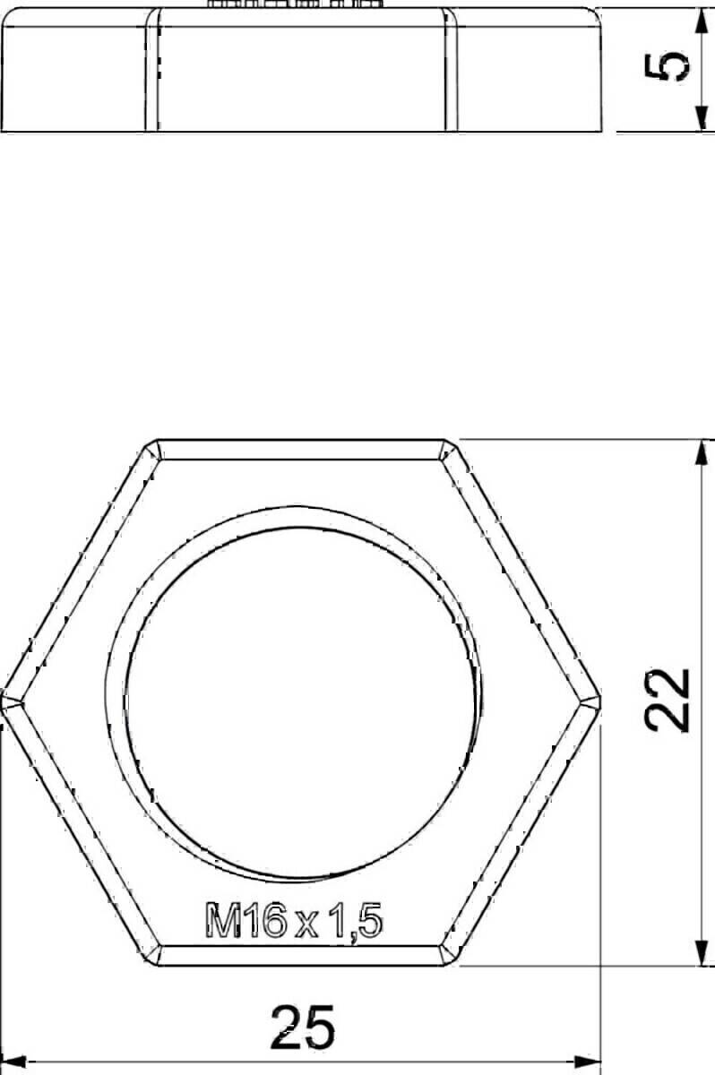 Technische Zeichnung einer sechseckigen Mutter mit einer kreisförmigen Öffnung, mit einer beschrifteten Messung von 22 Einheiten an einer Seite.