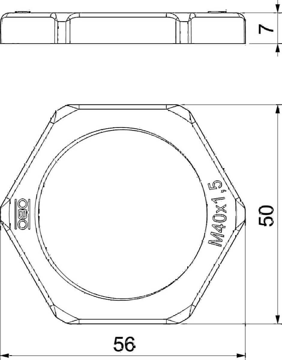Technische Zeichnung einer Sechskantmutter mit der Bezeichnung 'OBO M40x1.5'. Die Seitenansicht zeigt eine Höhe von 50 Einheiten.
